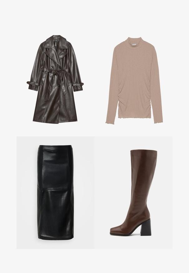 Bruine kunstlederen trenchcoat met een dubbelgeknoopte voorkant, brede revers, een gestrikt riem en knoopaccenten op de mouwen.; Lichtbeige longsleeve top met een hoge hals, geribbelde textuur, geplooide details aan de zijkanten en een golvende onderkant.; Zwarte midi-rok van imitatieleren met stiknaden en een rechte snit op een witte achtergrond.; RAID RENZO - Laarzen - brown