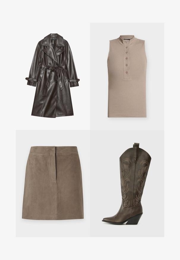 Bruine kunstlederen trenchcoat met een dubbelgeknoopte voorkant, brede revers, een gestrikt riem en knoopaccenten op de mouwen.; Beige mouwloos top met een hoge kraag, geribbelde structuur en een knoopsluiting met zes knopen aan de voorkant. Eenvoudig ontwerp en aansluitende pasvorm.; Taupe knielange suède rok met een rechte pasvorm en een verborgen naad aan de voorkant, tegen een effen achtergrond.; Bruine leren cowboylaars met een spitse neus, wiggenhak en decoratieve borduursels. Heeft een hoge schacht en een trekriem.