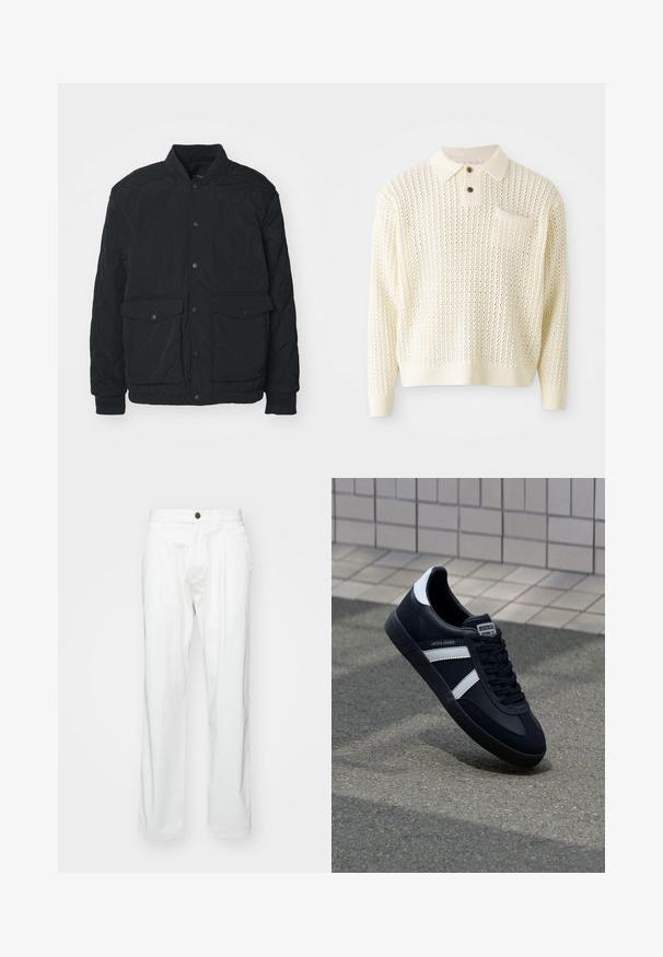 Sort quiltet jakke med ribbet krave, trykknapper, to for- lommer og elastiske manchetter; har en mat tekstur og letvægtsdesign.; Lyscreme strikket pullover med et tekstureret mønster, to-knap strop og en brystlomme. Har ribbede manchetter og kant.; Hvide bomuldsbukser med en afslappet pasform, der har knaplukning, to frontfoldninger og sidelommer. Glat tekstur, ingen mønstre.; Sort lædersneaker med hvide striber, tekstureret gummisål og snørrebånd foran. Har et brandet mærke på tungen.