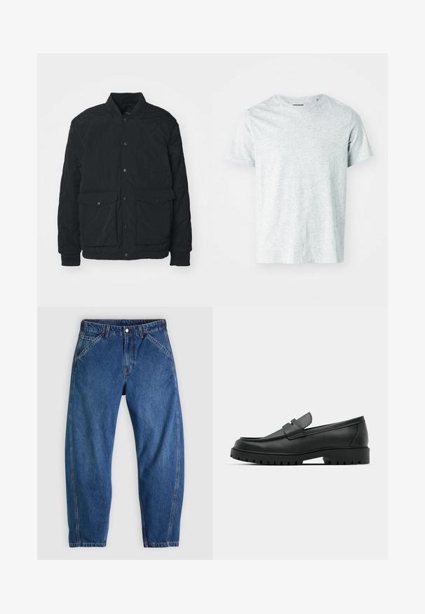 Sort quiltet jakke med ribbet krave, trykknapper, to for- lommer og elastiske manchetter; har en mat tekstur og letvægtsdesign.; Lys grå, kortærmet t-shirt lavet af blødt stof, med en rund hals og en let afslappet pasform. Ingen synlige mønstre eller grafik.; Blå denimjeans med afslappet pasform, med knaplukning, fem lommer og kontrasterende orange syninger. Glat tekstur over det hele.; Sorte læder loafers med rund tå, der har et syet design, lav platformssål og en struktureret, skridsikker gummisål.