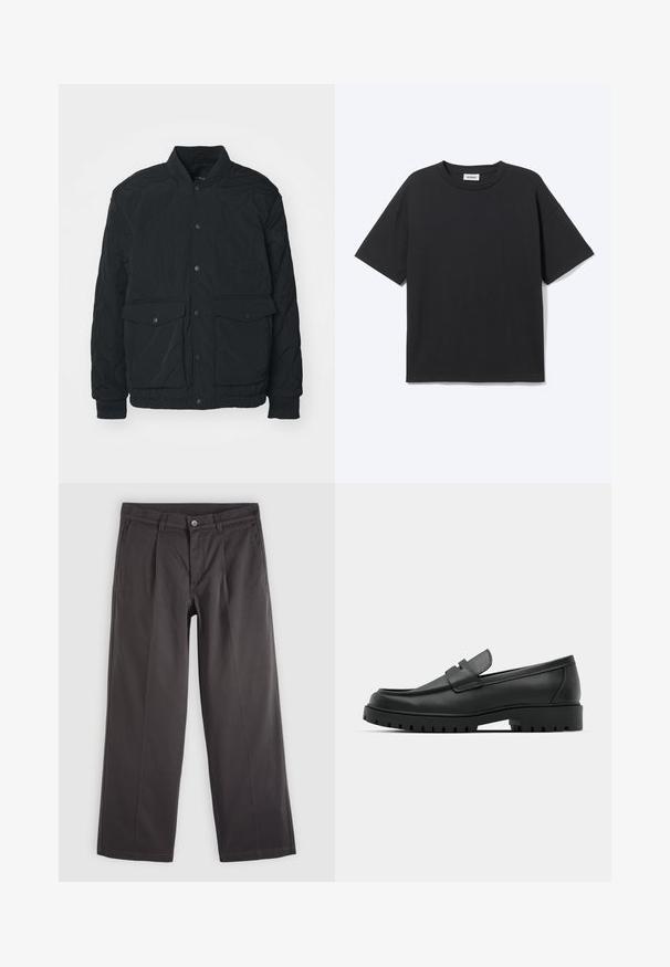 Sort quiltet jakke med ribbet krave, trykknapper, to for- lommer og elastiske manchetter; har en mat tekstur og letvægtsdesign.; Sort T-shirt med korte ærmer og rund hals med afslappet pasform, forfra, ensfarvet design og synligt Weekday-mærke inde i kraven.; Mørkegrå bukser med lige ben med forreste knap- og lynlås, bæltestropper og sidelommer, lagt fladt på en lys baggrund.; Sorte læder loafers med rund tå, der har et syet design, lav platformssål og en struktureret, skridsikker gummisål.