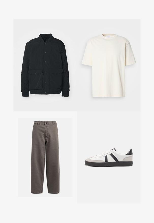 Sort quiltet jakke med ribbet krave, trykknapper, to for- lommer og elastiske manchetter; har en mat tekstur og letvægtsdesign.; Lys off-white kortærmet T-shirt med rund hals, unisex design, præsenteret på en neutral grå baggrund.; Grå bredbenede bukser lavet af bomuldsblanding; har en knaplukning, bæltesløjfer og forlommer; glat, holdbart materiale.; Hvide sneakers med sorte og grå detaljer, med en tekstureret grå tåhætte, sort gummisål og flade hvide snørebånd. Rent design, minimalistisk stil.