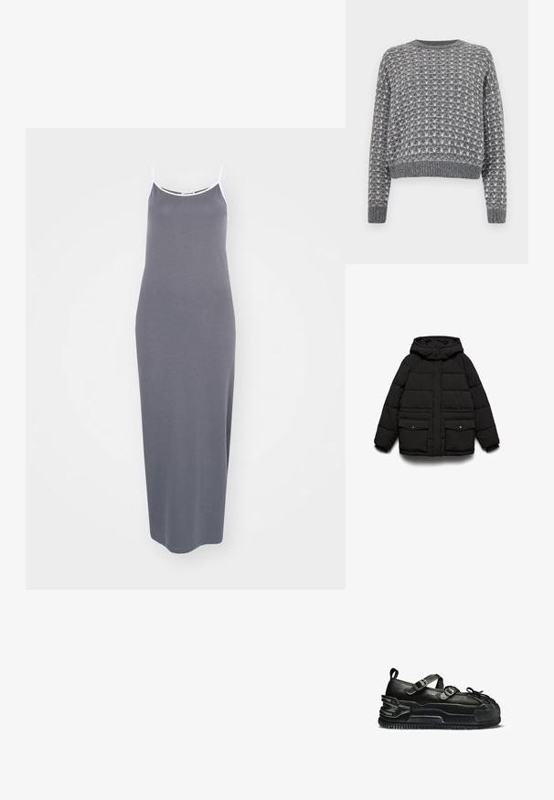 Čierna prešívaná bunda s kapucňou, dvoma prednými vreckami, zapínaním na zips a prešívanou textúrou pre izoláciu.; Noisy May NMMAELYS O NECK - Svetrík - charcoal gray/cloud dancer; Sivá maxi šaty s tenkými ramienkami, vyrobené z mäkkej tkaniny. Obsahujú kontrastnú bielu obrubu okolo výstrihu a ramien. Jednoduchý, rovný silueta.; Čierna kožená teniska s hrubou podrážkou, dvoma prackami cez hornú časť, zaoblenou spevnenou špičkou a pútkom na päte.