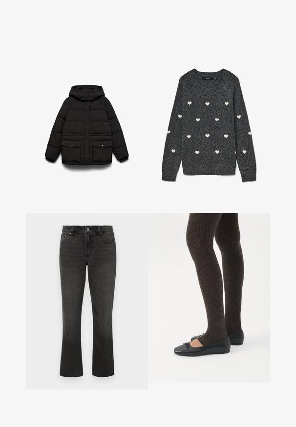 Sort polstret jakke med hætte, der har to frontlommer, lynlåslukning og quiltet tekstur for isolering.; Grå sweater med rund halsudskæring og lange ærmer, prydet med et gentaget mønster af små hvide hjerter over det hele. Blødt tekstureret stof.; Sorte denimjeans med lige ben, fem-lommestil og lynlås. Har gyldent syning og en subtil udtværing.; Ben iført mørke ribbede leggings kombineret med sorte balletsko med små sløjfedetaljer på hvid baggrund.