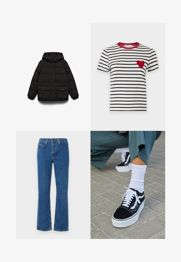 Zwarte gewatteerde jas met kap, voorzien van twee voorzakken, een ritssluiting en een doorgestikte textuur voor isolatie.; Gestreepte T-shirt met navy en witte horizontale strepen, een rode kraag en een textuur hart appliqué in het rood op de linkerborst.; Lichtblauwe denim jeans met een rechte snit, vijf-pocket ontwerp en gestikte details. De stof is textuur met lichte vervaging.; Zwarte suède sneaker met witte accenten en veters, uitgerust met een dikke witte zool en contrasterende stiksels, gecombineerd met een witte sok.