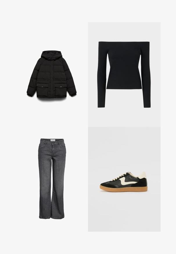 Sort polstret jakke med hætte, der har to frontlommer, lynlåslukning og quiltet tekstur for isolering.; Sort off-the-shoulder langærmet top lavet af ribbet stof, med en tætsiddende silhuet og minimalistisk design.; Bredde ben jeans i mørkegrå denim. Har høj talje, traditionelt fem-lomme design og en ren kanten uden udsmykning.; Sorte ruskinds- og lædersneakers med en cremefarvet side-swoosh og lys cremefarvet hæl. Har beige snørebånd og en gummirubber-sål.
