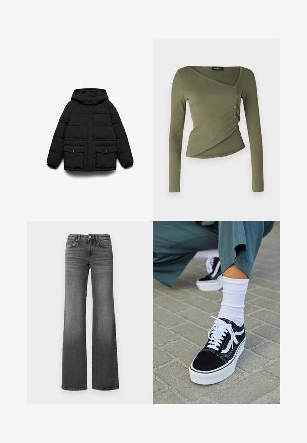 Schwarze gesteppte Jacke mit Kapuze, zwei Fronttaschen, Reißverschluss und einer wattierten Textur zur Isolierung.; Langärmliges, olivgrünes Oberteil aus geripptem Stoff. Verfügt über ein drapiertes Design mit einem V-Ausschnitt und Knöpfen an den Seiten entlang des überlappenden Saums.; Gerade geschnittene, dunkelgraue Jeans aus Denim mit leichter Verblassung an den Oberschenkeln und klassischem Fünf-Taschen-Design vor weißem Hintergrund.; Schwarze Wildledersneaker mit weißen Akzenten und Schnürsenkeln, ausgestattet mit einer dicken weißen Sohle und kontrastierenden Nähten, kombiniert mit einer weißen Socke.