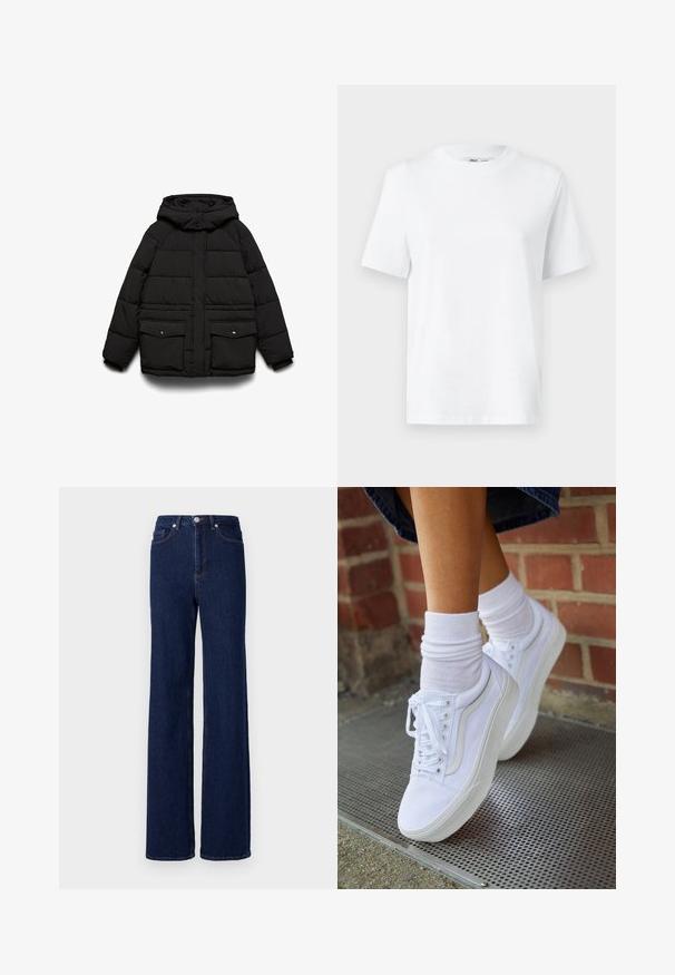 Sort polstret jakke med hætte, der har to frontlommer, lynlåslukning og quiltet tekstur for isolering.; Hvid bomulds T-shirt med rund hals, kortærmet og en glat tekstur. Designet med en afslappet pasform for komfort og alsidighed.; Mørkeblå denim jeans med høj talje, bred benudskæring og klassisk fem-pocket design. Afsluttet med kontrastsyning og en metalknap.; Hvide lærreds sneakers med gummisåler, der har seks snørehuller, rund tå og let sømdetaljer, krydret med hvide ankelstrømper.