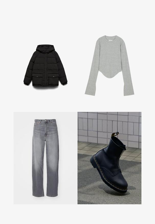 Sort polstret jakke med hætte, der har to frontlommer, lynlåslukning og quiltet tekstur for isolering.; Even&Odd by Zalando Langærmet T-shirt - grey; Weekday RAIL MID LOOSE STRAIGHT - Jeans Straight Leg - misty grey; Sort læderankelstøvle med lynlås i siden, tekstureret overflade, gule syninger som accent og en gummisål.