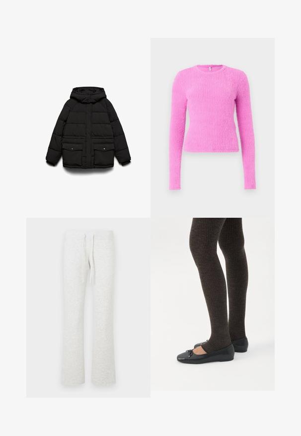 Sort polstret jakke med hætte, der har to frontlommer, lynlåslukning og quiltet tekstur for isolering.; Lyserød langærmet sweater lavet af tekstureret stof. Har en rund halsudskæring og en tætsiddende silhuet med et ribbet mønster over det hele.; Lysegrå joggingbukser lavet af blødt stof; har snøre i taljen og en flared benform; glat tekstur uden synlige mønstre.; Ben iført mørke ribbede leggings kombineret med sorte balletsko med små sløjfedetaljer på hvid baggrund.