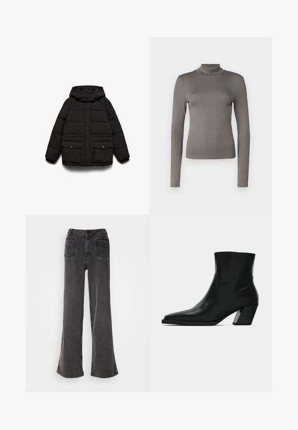 Sort polstret jakke med hætte, der har to frontlommer, lynlåslukning og quiltet tekstur for isolering.; Grå ribbet langærmet turtleneck top med et tætsiddende design og blød tekstur. Har en høj halsudskæring og slank silhuet.; Høj talje, brede ben sorte jeans lavet af denim, med knaplukning, bæltestropper og to baglommer med syninger.; Sortlæder ankelstøvle med spids tå, en slank silhuet og en kraftig firkantet hæl. Glat tekstur med minimale stikninger.