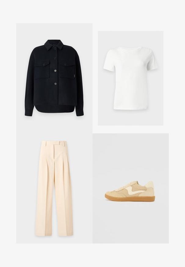 Veste en polaire noire avec col pointu, fermeture à boutons sur le devant, deux poches poitrine et un ourlet incurvé. Texture douce et coupe décontractée.; T-shirt blanc uni à manches courtes avec col rond, présenté sur un fond gris clair.; Pantalon beige taille haute sur mesure avec plis, passants pour ceinture et jambes larges, étalé à plat sur un fond clair.; Sneaker beige avec des matériaux en daim et en maille, forme arrondie, col rembourré proéminent et semelle en caoutchouc gomme. Présente un accent de design en forme de vague.