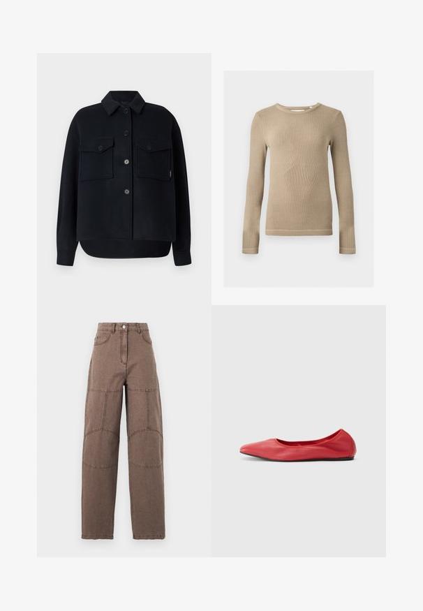 Veste en polaire noire avec col pointu, fermeture à boutons sur le devant, deux poches poitrine et un ourlet incurvé. Texture douce et coupe décontractée.; Haut beige à manches longues en maille côtelée, col rond, silhouette ajustée et coutures visibles aux ourlets sur fond uni.; Pantalon marron taille haute à jambes droites avec des patchs visibles aux genoux, fermeture à boutons sur le devant et poches avant, présenté sur un fond uni.; Filippa K REY FLATS - Ballerines - bright red