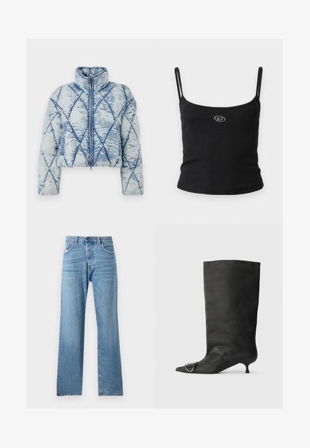 Lyseblå quiltet pufferjakke med diamantmønster, høj krave, lange ærmer og central lynlås.; Sort ribstrikket camisole-top med tynde stropper og en lille metallisk logo midt på. Stoffet virker strækbart og kropsnært.; Lyseblå denimjeans med lige ben-design, der har en standard talje, fem lommer og subtilt slid på stoffet.; Sort læder ankelstøvle med spidse tå, lille hæl og metallisk detalje på tæerne. Glat, mat overflade hele vejen igennem.