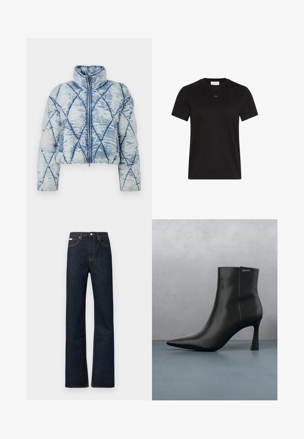 Chaqueta acolchada de color azul claro con patrón de diamante, cuello alto, mangas largas y cierre central de cremallera.; Camiseta negra de manga corta con cuello redondo y pequeño logo de Calvin Klein centrado debajo del escote.; Vaqueros de mezclilla azul oscuro con piernas rectas, presentan costuras naranjas, cierre frontal con botón y una pequeña etiqueta en la cintura.; Botín de cuero negro con punta afilada y un tacón geométrico. Presenta un sutil branding y una textura suave. El fondo tiene baldosas con textura.