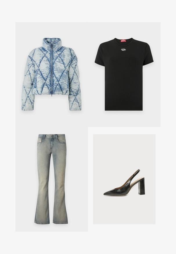 Lichtblauwe gewatteerde pufferjack met ruitpatroon, hoge kraag, lange mouwen en centrale ritssluiting.; Zwart katoenen T-shirt met ronde hals, korte mouwen en een klein wit Diesel-logo op de borst; gladde textuur, klassieke pasvorm.; Lichtblauwe denim flare jeans met een gemiddelde taille, subtiele vervaging en standaard vijf-pocket ontwerp. Voorzien van een knoopsluiting aan de voorkant.; BOSS MIAH - Klassieke pumps - black