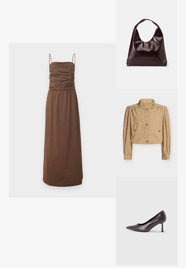 Veste courte beige avec col haut, manches longues bouffantes, devant boutonné, poches à rabat boutonnées, et détails de boutons sur le col et les poignets.; Robe longue marron sans manches avec corsage froncé et fines bretelles spaghetti sur un fond clair uni.; Escarpins à bout pointu en similicuir marron avec une texture crocodile, dotés d’un talon fin et angulaire ainsi que d’une doublure intérieure lisse.; Sac en cuir vegan bordeaux, brillant, avec une forme douce et sculpturale et une large poignée incurvée pour un transport facile.