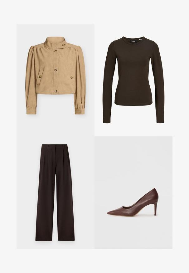 Veste courte beige avec col haut, manches longues bouffantes, devant boutonné, poches à rabat boutonnées, et détails de boutons sur le col et les poignets.; T-shirt à manches longues moulant de couleur marron foncé avec col rond, design simple et texture de tissu lisse, présenté sur un fond blanc uni.; Pantalon marron foncé à jambes larges avec plis et passants pour ceinture, doté d'une fermeture éclair avant et d'un ourlet net sur un fond uni.; Chaussure à talon haut en cuir marron, à bout pointu, avec un design épuré et un talon aiguille modéré, présentant une texture lisse et des accents minimaux.