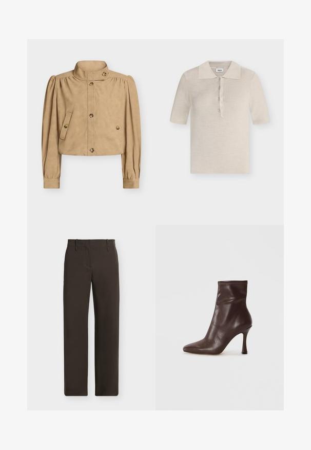 Veste courte beige avec col haut, manches longues bouffantes, devant boutonné, poches à rabat boutonnées, et détails de boutons sur le col et les poignets.; Modström HIROKIMD - Polo - summer sand; Pantalon droit marron foncé avec passants pour ceinture et poches avant, présenté à plat sur un fond clair.; Bottine en cuir marron avec un bout pointu et un talon stiletto fin. Présente une texture lisse et des détails cousus autour de l'ouverture.