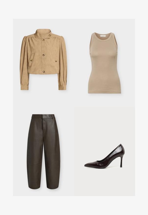 Veste courte beige avec col haut, manches longues bouffantes, devant boutonné, poches à rabat boutonnées, et détails de boutons sur le col et les poignets.; Débardeur beige ajusté pour femmes, sans manches, avec encolure ronde et étiquette Marc O'Polo à l'intérieur du col arrière.; Pantalon large en similicuir marron foncé avec taille haute, passants de ceinture et coutures apparentes sur fond blanc.; Chaussure à talon haut en cuir noir à bout pointu avec un talon aiguille fin sur un fond clair uni.