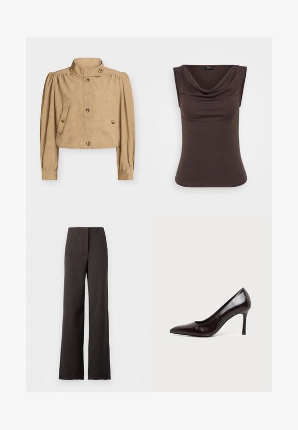 Veste courte beige avec col haut, manches longues bouffantes, devant boutonné, poches à rabat boutonnées, et détails de boutons sur le col et les poignets.; Haut sans manches marron avec un col drapé, fabriqué à partir d'un tissu doux. Texture lisse avec une silhouette ajustée et aucun matériel visible.; Pantalon large taille haute gris foncé avec une couture frontale et une fermeture dissimulée, présenté sur un fond blanc.; Chaussure à talon haut en cuir noir à bout pointu avec un talon aiguille fin sur un fond clair uni.