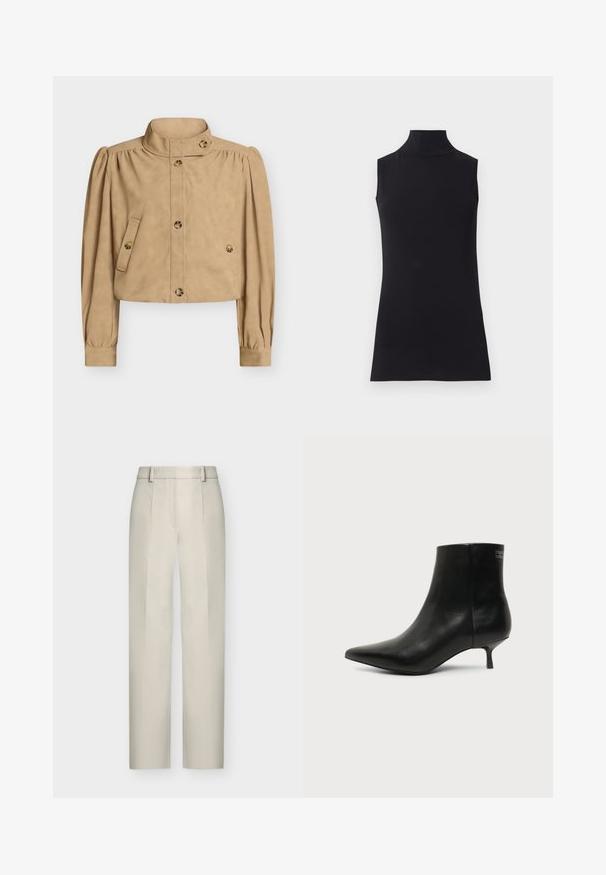 Veste courte beige avec col haut, manches longues bouffantes, devant boutonné, poches à rabat boutonnées, et détails de boutons sur le col et les poignets.; Haut sans manches noir en col roulé, fabriqué à partir d'un tissu lisse. Design ajusté avec un col haut et un ourlet droit, minimaliste et de couleur unie.; Pantalon beige taille haute à jambes droites, avec passants de ceinture et plis à l'avant, présenté sur fond blanc.; Bottine en cuir noir avec bout pointu et petit talon kitten sur fond clair, vue côté extérieur.