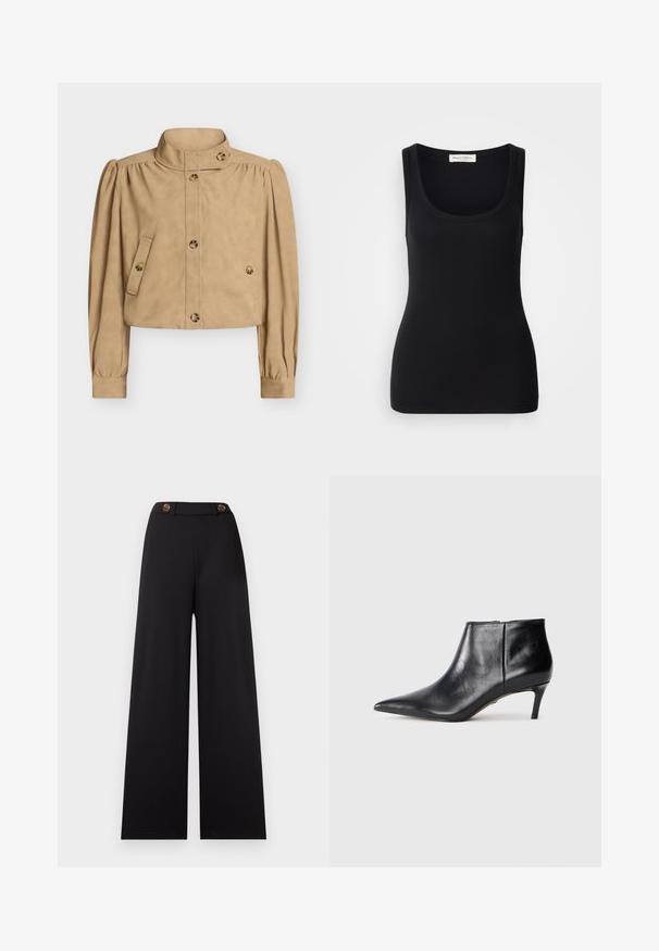 Veste courte beige avec col haut, manches longues bouffantes, devant boutonné, poches à rabat boutonnées, et détails de boutons sur le col et les poignets.; Débardeur noir côtelé avec un col rond, de larges bretelles et une coupe ajustée. Étiquette à l'arrière indiquant "Marc O'Polo".; Pantalon noir à jambes larges avec une taille haute, doté de deux boutons marron et d'un tissu lisse et texturé. Sans motifs ni accents supplémentaires.; Botte de cheville en cuir noir avec un bout pointu et un talon moyen élancé, présentée en profil latéral sur fond blanc.