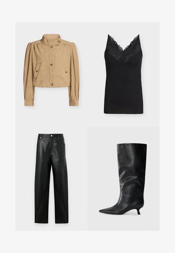 Veste courte beige avec col haut, manches longues bouffantes, devant boutonné, poches à rabat boutonnées, et détails de boutons sur le col et les poignets.; Camisole noire côtelée avec bordure en dentelle au décolleté en V, design sans manches et silhouette ajustée sur un fond uni.; Pantalon noir droit en similicuir taille haute avec bouton avant, fermeture éclair, passants pour ceinture et poches latérales sur fond uni.; Bottes en cuir noires jusqu'aux genoux avec un bout pointu et un petit talon, présentées sur un fond clair.