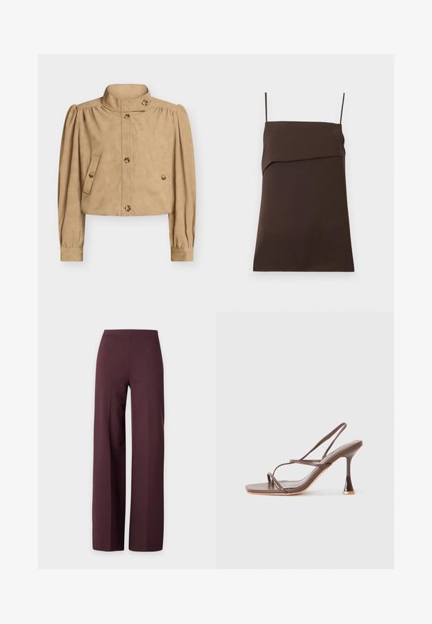 Veste courte beige avec col haut, manches longues bouffantes, devant boutonné, poches à rabat boutonnées, et détails de boutons sur le col et les poignets.; Robe mini marron foncé sans manches avec fines bretelles spaghetti et encolure droite avec détail de tissu superposé.; Pantalon large marron foncé avec taille haute et devant lisse, présenté sur un fond clair uni.; Sandale à talon haut marron à brides, avec un bout carré, des brides élégantes, une finition brillante et un talon courbé distinct.