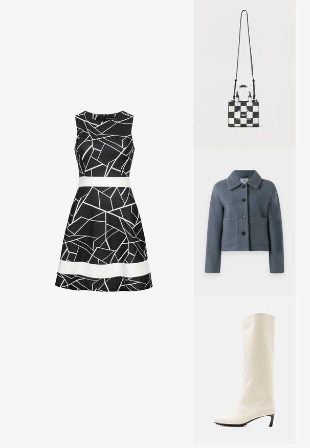Veste en laine texturée bleu-gris avec un large col, fermeture par boutons sur le devant et deux grandes poches plaquées, présentée sur un fond blanc.; Robe noire sans manches avec des lignes géométriques blanches, une ceinture blanche et une bande horizontale blanche près de l'ourlet.; Botte blanche hauteur genou en matériau lisse avec un bout pointu et un talon noir fin. Présente un design épuré et un marquage minimal.; Petit sac à main à carreaux noir et blanc avec des poignées courtes et une longue bandoulière réglable, featuring un texte avec l'adresse de Paris.