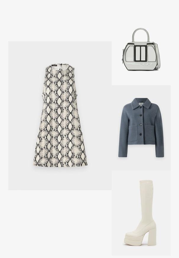 Veste en laine texturée bleu-gris avec un large col, fermeture par boutons sur le devant et deux grandes poches plaquées, présentée sur un fond blanc.; Une robe sans manches avec un motif de serpent beige et noir, un col rond et une fermeture éclair dans le dos.; Steve Madden CYPRESS - Bottes à plateau - off white; Petit sac à main argenté avec garniture noire, poignée supérieure, bandoulière amovible et icônes de skieur embossées sur le panneau avant.