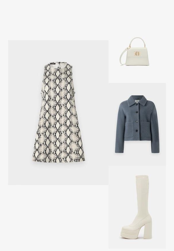 Veste en laine texturée bleu-gris avec un large col, fermeture par boutons sur le devant et deux grandes poches plaquées, présentée sur un fond blanc.; Une robe sans manches avec un motif de serpent beige et noir, un col rond et une fermeture éclair dans le dos.; Steve Madden CYPRESS - Bottes à plateau - off white; Petit sac à main blanc avec poignée supérieure, bandoulière amovible et fermoir rectangulaire doré sur la rabat avant.