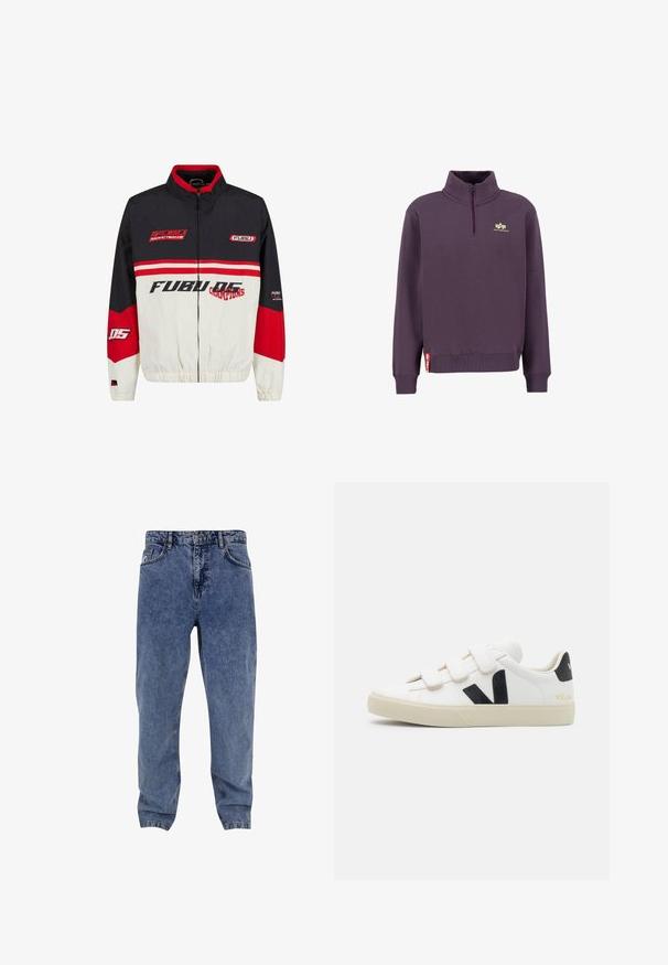 Chaqueta FUBU con una combinación de colores negro, rojo y blanco. Fabricada con material ligero, cuenta con cierre de cremallera, puños elásticos y un texto de logotipo audaz.; Sudadera de media cremallera en un tono púrpura oscuro, hecha de un tejido suave. Cuenta con un alto cuello, puños acanalados y un pequeño logo amarillo en el pecho.; Vaqueros de mezclilla de un azul claro con un corte relajado, cinco bolsillos y costuras en contraste. La cintura incluye presillas para el cinturón y un parche con el logo.; Zapatilla blanca con detalles en negro y correas de Velcro. Presenta una parte superior de cuero texturizado, una suela de goma color crema y un logotipo en el talón.