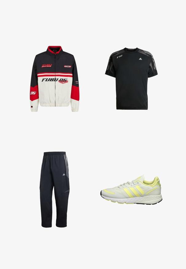 FUBU bunda s čierno-červenobielou farebnou schémou. Vyrobená z ľahkého materiálu so zipsom, elastickými manžetami a výrazným logom.; Čierne atletické tričko vyrobené z ľahkého materiálu, s priedušnými panelmi na pleciach, krátkymi rukávmi a bielymi logami adidas a F50.; Čierne športové nohavice s elastickým pásom, s šedými bočnými pruhmi, so štruktúrovaným panelom a zúženým strihom nohavíc.; Biele športové topánky s žltými akcentami, s hladkým vrchom, textúrovanou podrážkou a tromi pruhmi na boku pre branding.