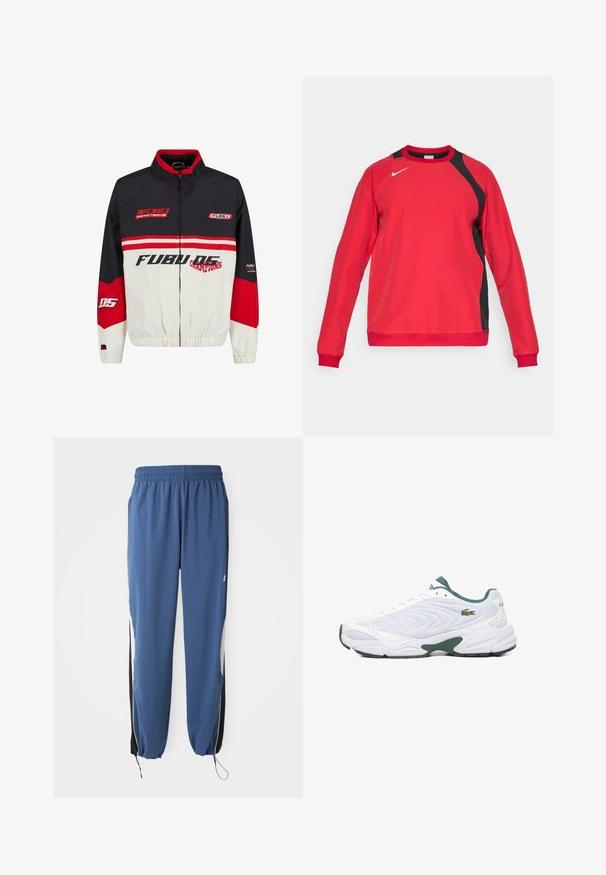 Chaqueta FUBU con una combinación de colores negro, rojo y blanco. Fabricada con material ligero, cuenta con cierre de cremallera, puños elásticos y un texto de logotipo audaz.; Sudadera deportiva roja de manga larga con paneles laterales negros y logo de Nike blanco en la parte superior del lado izquierdo del pecho, con cuello redondo y puños acanalados.; Pantalones deportivos azules con una cinturilla elástica, ajuste ceñido y paneles laterales negros. Cuenta con cordones en los puños y un emblema de logo.; Zapatilla deportiva blanca con parte superior texturizada, acentos verdes, cierre con cordones y suela acolchada. Presenta un pequeño logo de la marca.