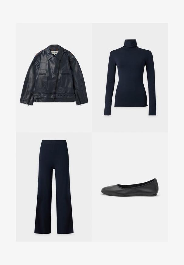 Marineblaue Lederjacke mit strukturiertem Design, ausgestattet mit einem Reißverschluss vorne, zwei Brusttaschen und kontrastierenden braunen Akzenten an den Schultern.; Marineblaues langärmliges Rollkragenoberteil mit figurbetonter Silhouette, gezeigt auf einem einfarbigen hellgrauen Hintergrund.; Schwarze Hose mit weitem Bein, hoher Taille und ohne sichtbare Verschlüsse, vor weißem Hintergrund gezeigt.; Schwarze Leder-Ballettschuhe mit abgerundeter Spitze, glatter Textur, minimalen Nähdetails und einem flexiblen Sohlen-Design.
