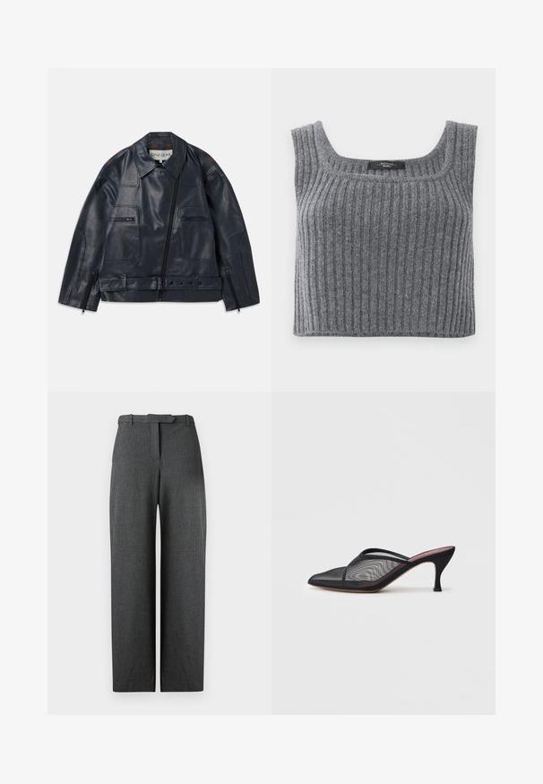 Marineblå læderjakke med en struktureret design, der har lynlås foran, to brystlommer og kontrasterende brune detaljer på skuldrene.; Weekend Max Mara ZURCA - Top - antracite; Grå teksturerede bukser med bred benvidde og skræddersyet pasform, forsynet med bæltestropper i taljen og sidelommer, lavet af et glat materiale.; Sort mesh mule med spids tå, tynde stropper og 3-tommer stiletto hæl. Har en gennemsigtig struktur og en ensfarvet sål.