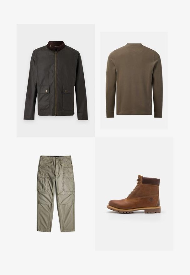 Barbour BEDALE WAX JACKET - Übergangsjacke - olive; Langärmliges, olivgrünes, strukturiertes Hemd von hinten mit rundem Ausschnitt und schlichten Manschetten vor weißem Hintergrund.; Khakifarbene Cargohose mit mehreren Klapptaschen vorne und an den Seiten, mit Gürtelschlaufen und Knopfverschluss.; Braune Lederwanderschuhe mit glatter Oberfläche, gepolstertem Knöchel, Metallösen und einer Gummisohle mit robustem Profil.