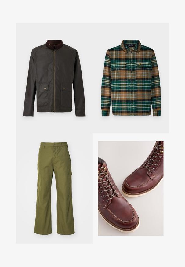 Barbour BEDALE WAX JACKET - Übergangsjacke - olive; Karierte Flanellhemd in Grün, Braun und Schwarz mit Knopfleiste, zwei Brusttaschen und einem kleinen gestickten Logo auf der linken Tasche.; Olivgrüne, weite Hosen aus strapazierfähigem Material, mit Knopfverschluss, seitlichen Taschen und einem geraden Saumdesign.; Braune Lederstiefel mit einer glatten Oberfläche, ausgestattet mit Metallösen, grauen Schnürsenkeln und einer cremefarbenen Gummisohle. Nahtdetail entlang der Kanten.