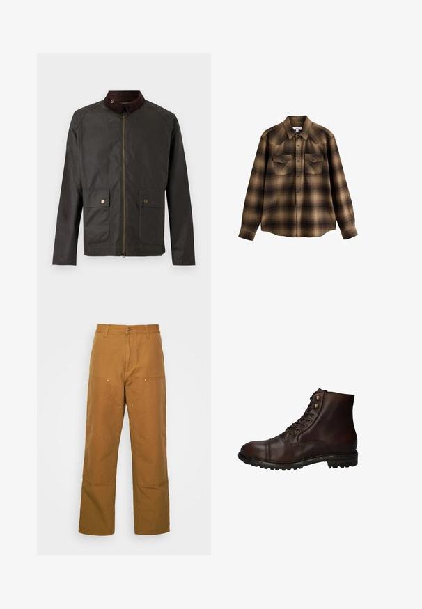 Barbour BEDALE WAX JACKET - Übergangsjacke - olive; Braun-schwarzes kariertes Hemd mit langen Ärmeln, Kragen, Druckknöpfen vorne und zwei Brusttaschen mit Klappen und Knöpfen.; Braune Baumwoll-Arbeitshosen mit geradem Bein, die über Vordertaschen und Metallakzente für zusätzliche Strapazierfähigkeit verfügen.; Dunkelbraune Leder Schnürstiefelette mit robustem Gummisohlen und Metallösen, von der Außenseite betrachtet.