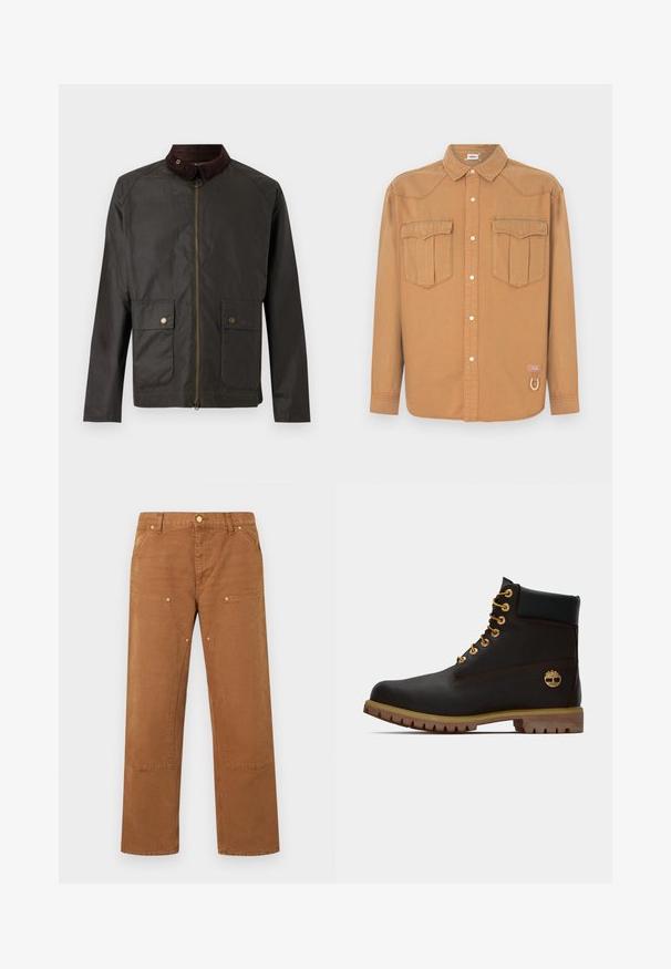 Barbour BEDALE WAX JACKET - Übergangsjacke - olive; Braunes Denim-Hemd mit zwei Brusttaschen, spitzem Kragen, durchgehender Knopfleiste und kontrastierenden Nähten. Mit Logo-Patch und Schlaufen-Detail.; Braune, gerade geschnittene Hose mit aufgesetzten Fronttaschen, Nieten-Details, Gürtelschlaufen und Knopfverschluss an der Taille.; Schwarze Leder-Ankle-Boots mit goldenen Ösen, braunen Akzenten und einer Gummisohle. Verfügt über einen gepolsterten Schaft und ein geprägtes Logo an der Seite.
