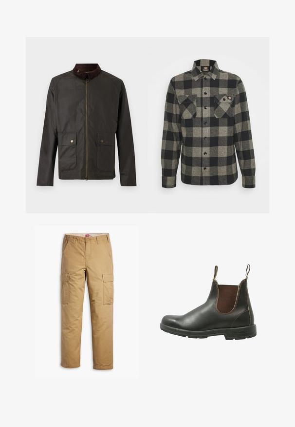 Barbour BEDALE WAX JACKET - Übergangsjacke - olive; Schwarzes und graues kariertes Flanellhemd mit langen Ärmeln, Knopfverschluss vorne, zwei Brusttaschen und einem leicht abgerundeten Saum. Strukturiert. ; Braune Cargo-Hosen aus einem strapazierfähigen Baumwollmischgewebe. Verfügt über zwei seitliche Cargo-Taschen und ein gerades Bein mit einer leicht strukturierten Oberfläche.; Chelsea-Boots aus glattem schwarzem Leder mit braunen elastischen Seitenteilen, kontrastierenden Nähten und einer strukturierten Gummisohle.