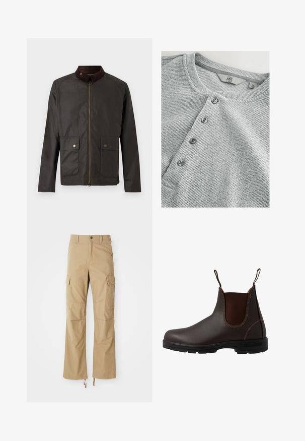 Barbour BEDALE WAX JACKET - Übergangsjacke - olive; Graues, gestricktes Langarmshirt mit Rundhalsausschnitt, fünf Knöpfen, gerippter Textur und schlankem Schnitt. Das Etikett zeigt Größe M an.; Khakifarbene Cargo-Hosen aus strapazierfähigem Material, mit mehreren Seitentaschen, geradem Bein-Design und verstellbaren Kordeln am Saum.; Brauner Chelsea-Stiefel aus Leder mit elastischem Seiteneinsatz, brauner Naht, Zuglaschen und einer strapazierfähigen Gummisohle mit strukturiertem Muster.