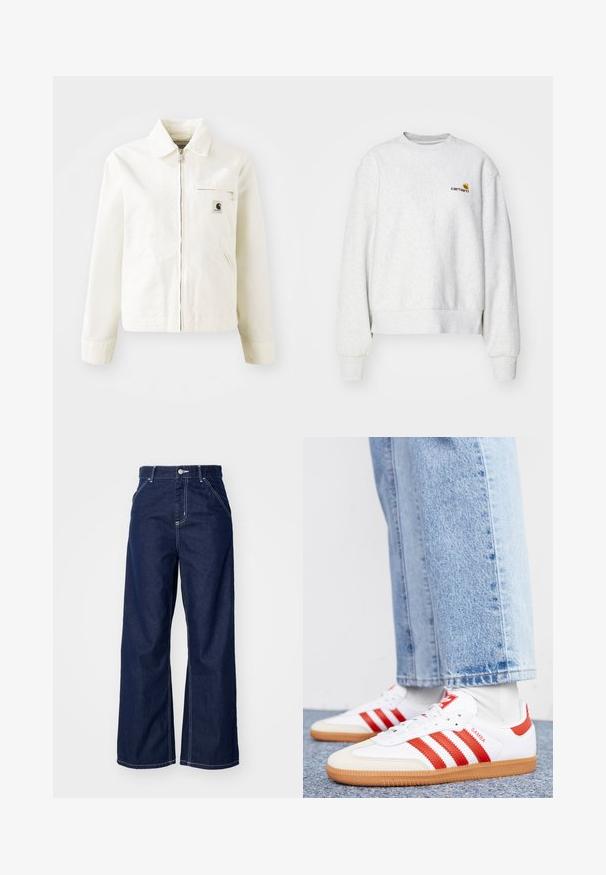Chaqueta blanca de algodón con cierre frontal, cuello puntiagudo y bolsillos laterales. Presenta un pequeño parche con logo en el pecho y mangas largas.; Sudadera gris de cuello redondo en una tela suave con puños y dobladillo de punto; presenta un logo bordado en el pecho en amarillo y burdeos.; Jeans de pierna ancha en denim azul oscuro, con una cintura alta, costuras blancas en contraste y diseño tradicional de cinco bolsillos.; Zapatillas de cuero blancas con rayas y detalles rojos. Cuentan con una suela de goma texturizada y un collar acolchado. Llevadas con denim azul claro.