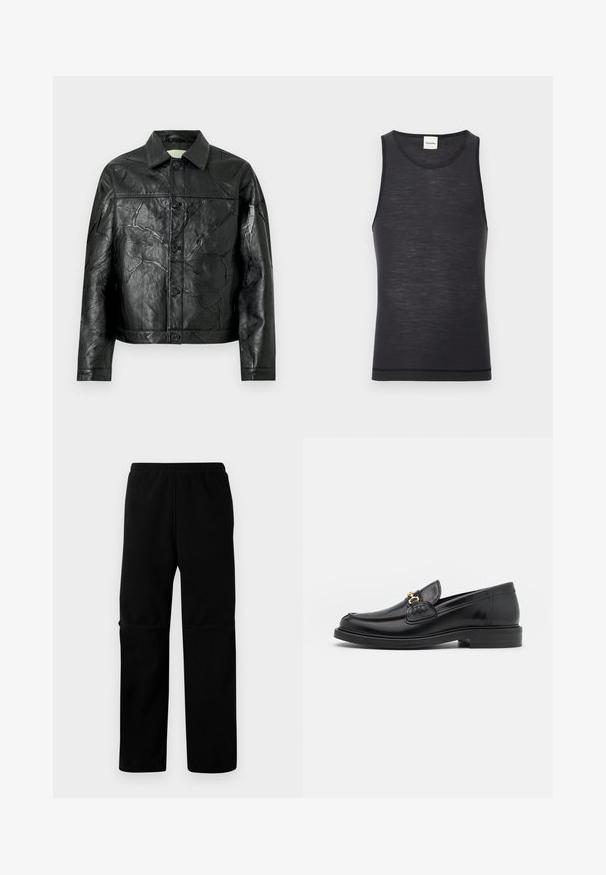 Veste en cuir noire avec une texture froissée, fermeture boutonnée, col pointu et manches longues. Comprend deux poches avant.; Débardeur noir sans manches en matériau léger, avec un col rond et une texture subtile, doté d'un détail d'ourlet contrasté.; Pantalons en polaire noire avec taille élastique et coupe droite. Texture lisse sans motifs ni éléments métalliques visibles.; Mocassins en cuir noir avec un embout rond, présentant des accents en métal doré et des détails de couture, montés sur une semelle en caoutchouc texturé et basse.