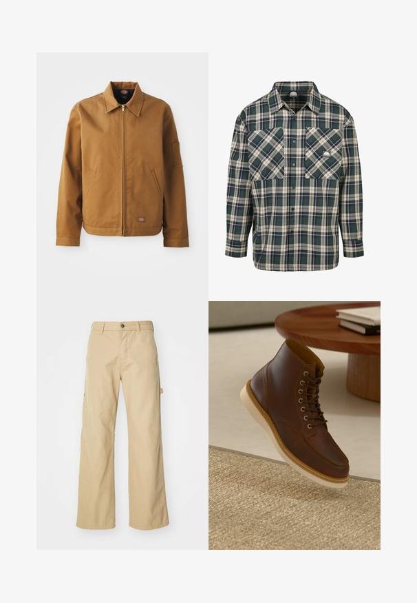 Veste en coton brun avec un col, fermeture éclair frontale, poches latérales et poche sur le bras. Dotée d'une patte de marque près de l'ourlet.; Chemise à carreaux verte et beige à manches longues, devant boutonné, deux poches poitrine et un petit logo sur la poche gauche. En mélange de coton.; Pantalons cargo larges beiges avec fermeture à bouton, dotés de poches latérales, fabriqués en coton robuste, avec une texture lisse et un design droit.; Bottine en cuir marron avec semelle beige sur un tapis beige texturé à côté d'une table ronde en bois avec des livres empilés.