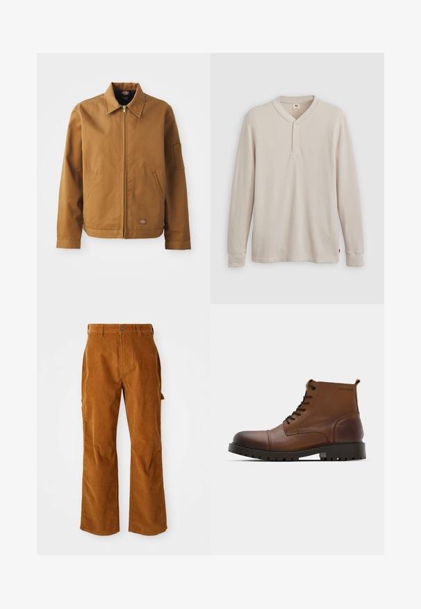 Veste en coton brun avec un col, fermeture éclair frontale, poches latérales et poche sur le bras. Dotée d'une patte de marque près de l'ourlet.; T-shirt henley à manches longues en tissu côtelé beige clair, avec un col en V, une patte de boutonnage à trois boutons et des manches à poignets. Étiquette logo rouge à l'ourlet.; Pantalons en velours côtelé marron avec une coupe évasée, dotés de poches latérales et d'une fermeture à bouton à l'avant. La texture est douce et côtelée.; Bottines en cuir marron avec bout rond, lacets noirs et semelle en caoutchouc texturée. Caractéristiques d'un logo sur le côté et d'une finition lisse.