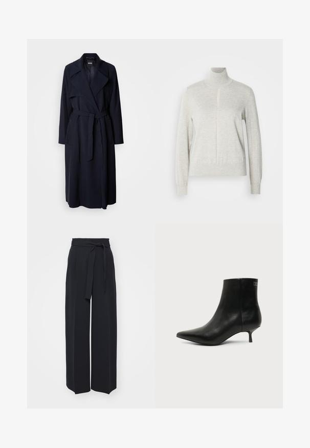 Marineblauwe trenchcoat met een grote kraag, lange mouwen, een strikceintuur in de taille en zijzakken. Glad materiaal met een ontspannen pasvorm.; Lichtgrijze trui met een hoge kraag en een kwart rits. Gemaakt van een zacht, gevarieerd materiaal, met lange mouwen en een strakke zoom.; Zwarte wijde broek van zachte stof. Voorzien van een ceintuur en plooien aan de voorkant. Glad textuur met een strakke, hedendaagse stijl.; Zwart leren enkellaars met puntige neus en lage kittenhak op lichte achtergrond, zijaanzicht buitenkant.