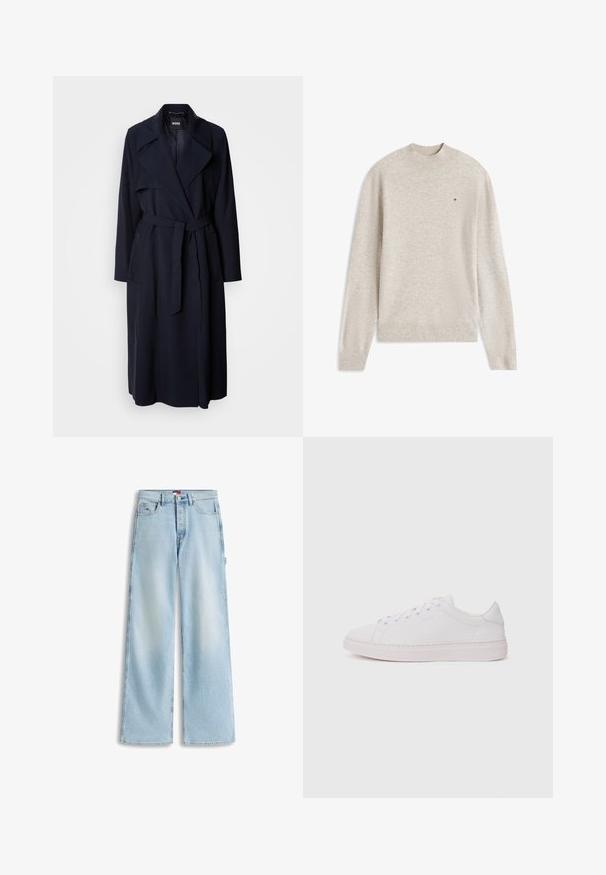 Marineblå trenchcoat med stor krave, lange ærmer, et bundet bælte i taljen og sidelommer. Glat stof med et afslappet pasformdesign.; Lys grå sweater med ribbet rund hals og manchetter. Blød tekstur, langærmede og en lille logoaccent på brystet. Klassisk pasform.; Lyseblå vidde jeans med forlommer, bæltestropper og knaplukning i taljen.; Hvide sneakers med en glat læderoverdel, rund tå og flad gummisål. Har snørefunktion og et diskret logo på siden.