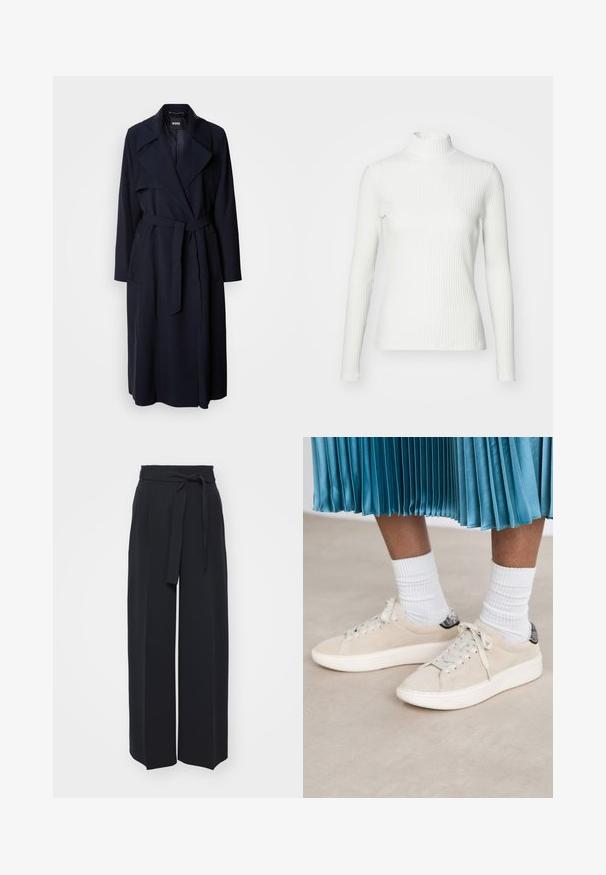 Marineblauwe trenchcoat met een grote kraag, lange mouwen, een strikceintuur in de taille en zijzakken. Glad materiaal met een ontspannen pasvorm.; Witte geribbelde coltrui met lange mouwen, gemaakt van rekbare stof. Heeft een getailleerd ontwerp en een hoge halslijn voor bedekking.; Zwarte wijde broek van zachte stof. Voorzien van een ceintuur en plooien aan de voorkant. Glad textuur met een strakke, hedendaagse stijl.; Beige suède sneakers met een witte rubberen zool en een vetersluiting. Geaccentueerd met een gestructureerde zwarte achtertab. Draag met witte geribbelde sokken.